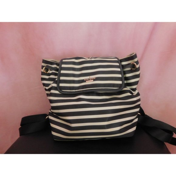 Kate Spade Black White Stripe Nylon Molly Backpack and Striped Wallet - Picture 3 of 15